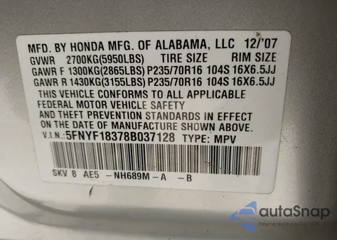 2008 Honda Pilot Se z USA, uszkodzony, nr VIN 5FNYF18378B037128
